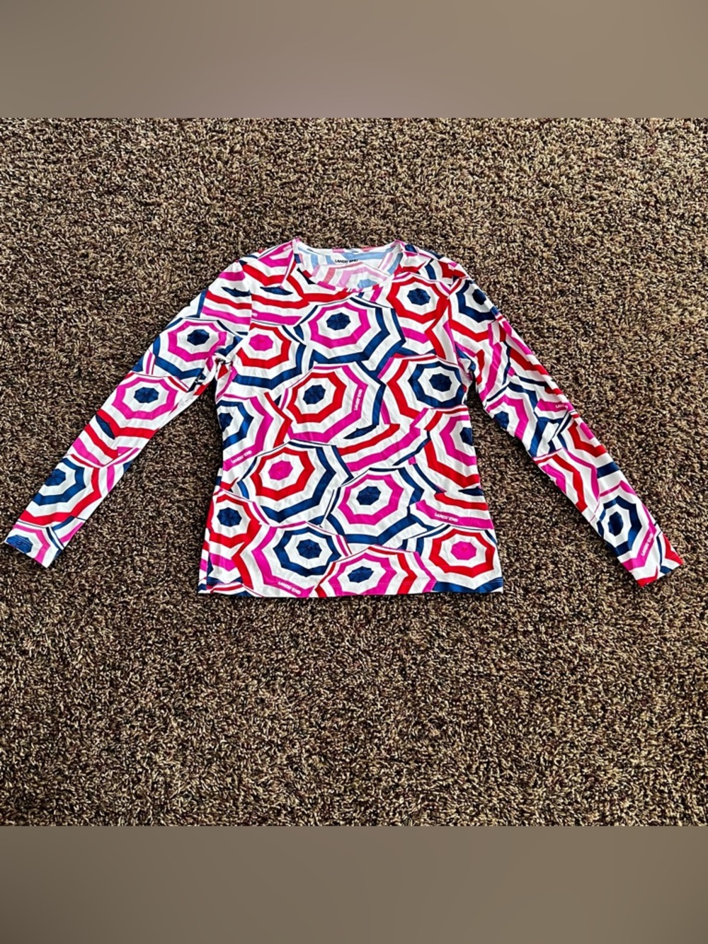 Lands' End Long Sleeve Geometric Rash Guard in Pink, Red, Navy